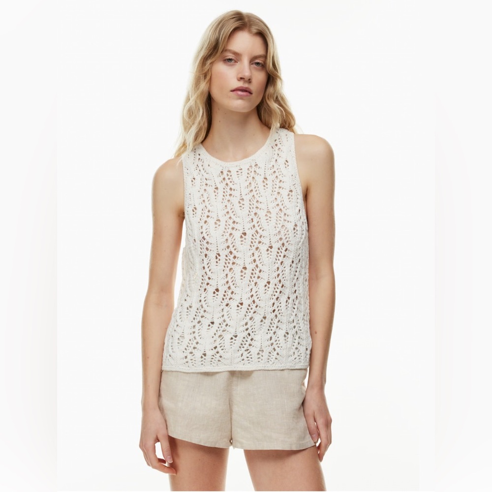 NWOT Little Moon Paros crochet sweater in light green sleeveless crew neck